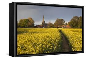 Footpath in rapeseed field to village of Peasemore and St. Barnabas church, Peasemore-Stuart Black-Framed Stretched Canvas