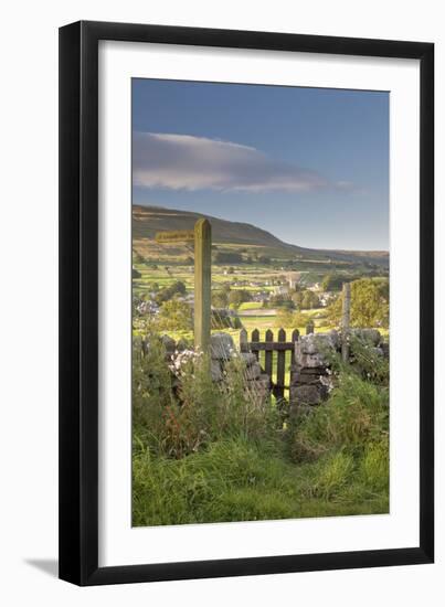 Footpath signpost and gate leading to Hawes village in Wensleydale, The Yorkshire Dales, England-John Potter-Framed Photographic Print