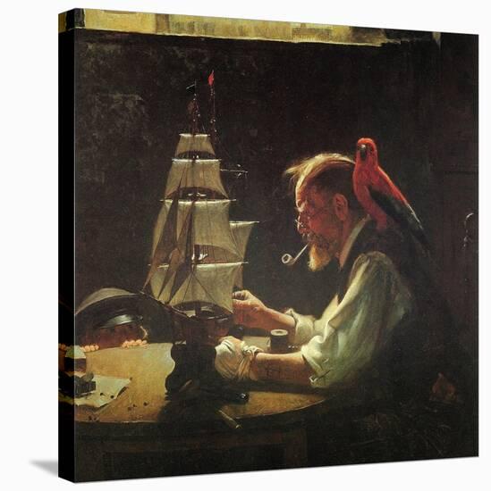 For a Good Boy (or Sea Captain Building Ship Model)-Norman Rockwell-Stretched Canvas