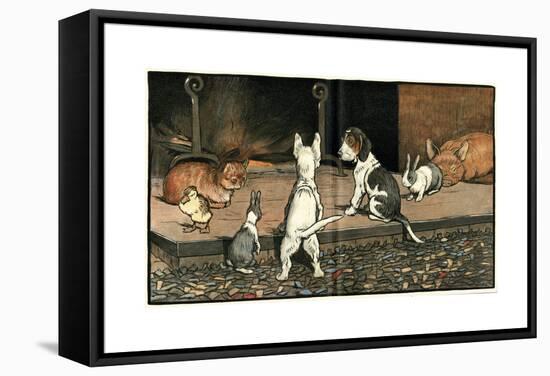 Forager the Puppy Joins the Other Animals by the Fire-Cecil Aldin-Framed Stretched Canvas