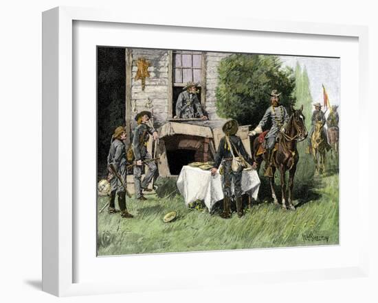 Foraging Confederate Soldiers Taking Homemade Pies from a Farmhouse during Morgan's Raid, c.1863-null-Framed Giclee Print