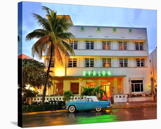 Ford Thunderbird Classic Car in front of the Avalon Hotel, Ocean Drive-null-Stretched Canvas