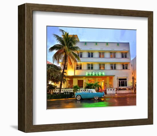 Ford Thunderbird Classic Car in front of the Avalon Hotel, Ocean Drive-null-Framed Art Print