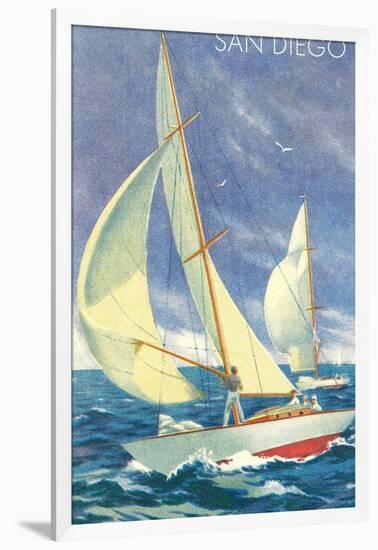 Foredeck Man in Sailing Race, San Diego, California-null-Framed Art Print