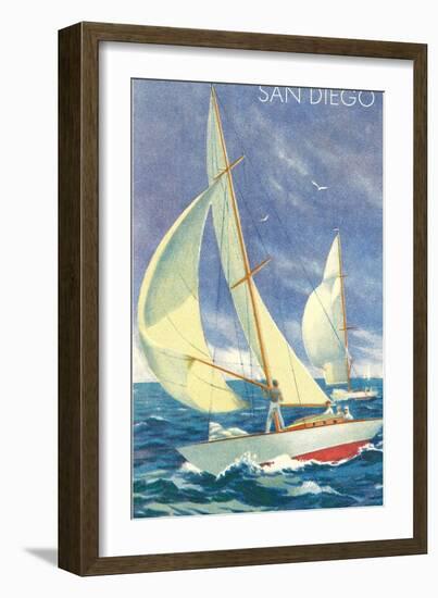 Foredeck Man in Sailing Race, San Diego, California-null-Framed Art Print