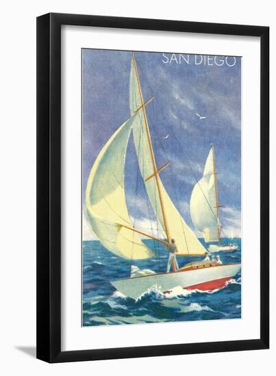 Foredeck Man in Sailing Race, San Diego, California-null-Framed Art Print