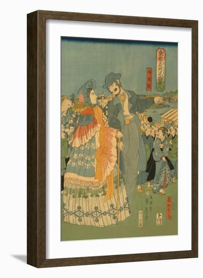 Foreign Sightseers in Famous Spots of Edo - Ryo?Goku Bridge-Sadahide Utagawa-Framed Art Print