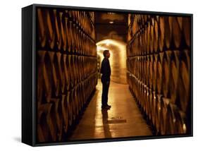 Foreman of Works Inspects Barrels of Rioja Wine in the Underground Cellars at Muga Winery-John Warburton-lee-Framed Stretched Canvas