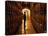 Foreman of Works Inspects Barrels of Rioja Wine in the Underground Cellars at Muga Winery-John Warburton-lee-Stretched Canvas