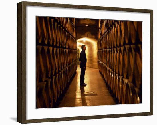 Foreman of Works Inspects Barrels of Rioja Wine in the Underground Cellars at Muga Winery-John Warburton-lee-Framed Photographic Print