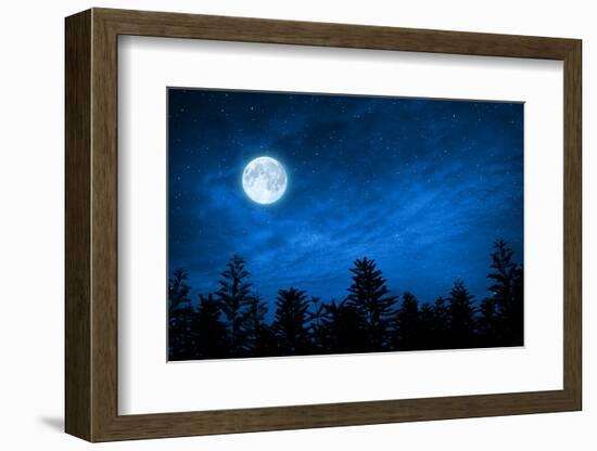 Forest in Silhouette with Starry Night Sky and Full Moon , Elements of this Image are Furnished by-OHishiapply-Framed Photographic Print