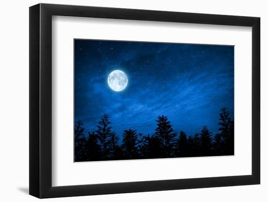 Forest in Silhouette with Starry Night Sky and Full Moon , Elements of this Image are Furnished by-OHishiapply-Framed Photographic Print