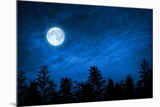 Forest in Silhouette with Starry Night Sky and Full Moon , Elements of this Image are Furnished by-OHishiapply-Mounted Photographic Print