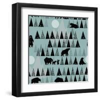 Forest Seamless Pattern. Wildlife. Grizzly Bear. Abstract Hand Drawn Background.-Faenkova Elena-Framed Art Print