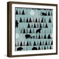 Forest Seamless Pattern. Wildlife. Grizzly Bear. Abstract Hand Drawn Background.-Faenkova Elena-Framed Art Print