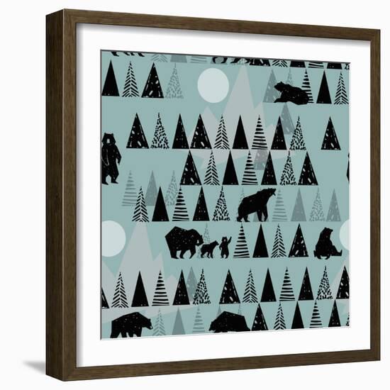 Forest Seamless Pattern. Wildlife. Grizzly Bear. Abstract Hand Drawn Background.-Faenkova Elena-Framed Art Print