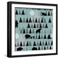 Forest Seamless Pattern. Wildlife. Grizzly Bear. Abstract Hand Drawn Background.-Faenkova Elena-Framed Art Print