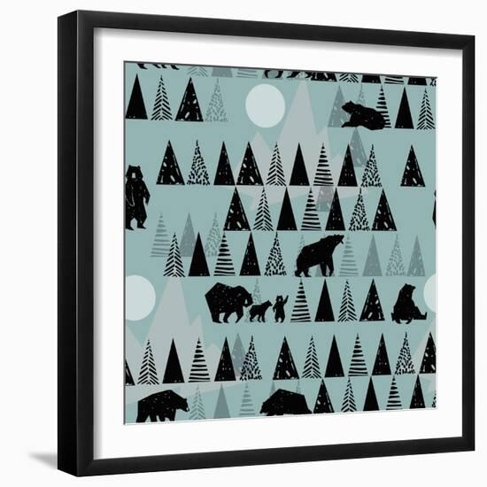 Forest Seamless Pattern. Wildlife. Grizzly Bear. Abstract Hand Drawn Background.-Faenkova Elena-Framed Art Print