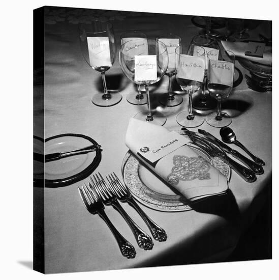 Forks, Knives, Spoons, Wine Glasses and Invitations, Table Settings for Gourmet Dinner Party-Peter Stackpole-Stretched Canvas