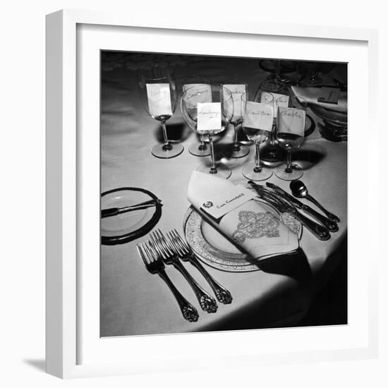 Forks, Knives, Spoons, Wine Glasses and Invitations, Table Settings for Gourmet Dinner Party-Peter Stackpole-Framed Photographic Print