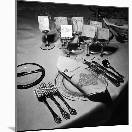 Forks, Knives, Spoons, Wine Glasses and Invitations, Table Settings for Gourmet Dinner Party-Peter Stackpole-Mounted Photographic Print