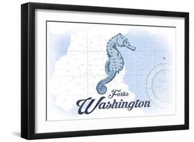 Forks, Washington - Seahorse - Blue - Coastal Icon-Lantern Press-Framed Art Print