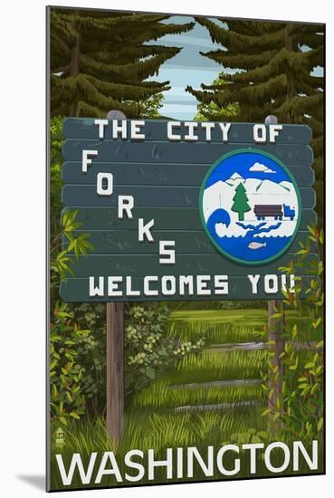 Forks, Washington - Town Welcome Sign-Lantern Press-Mounted Art Print