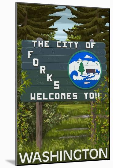 Forks, Washington - Town Welcome Sign-Lantern Press-Mounted Art Print