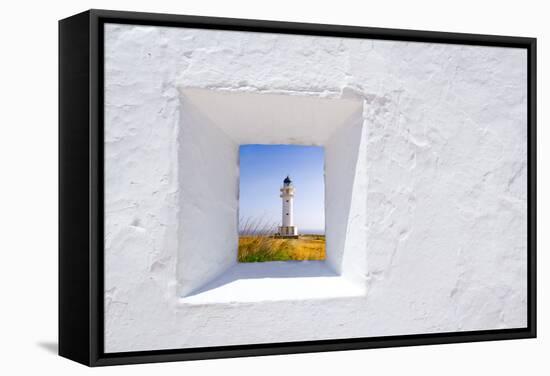 Formentera Mediterranean White Window with Barbaria Lighthouse-holbox-Framed Stretched Canvas