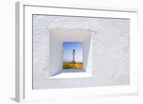 Formentera Mediterranean White Window with Barbaria Lighthouse-holbox-Framed Art Print
