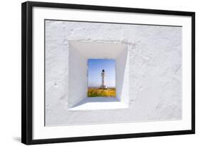 Formentera Mediterranean White Window with Barbaria Lighthouse-holbox-Framed Art Print