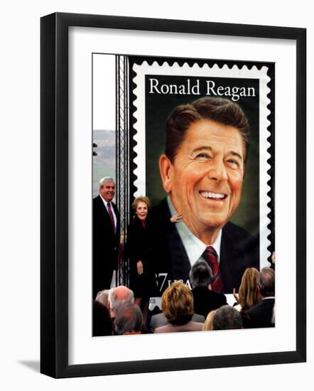 Former First Lady and Giant Replica of US Postage Stamp Honoring Late Husband, Ronald Reagan-null-Framed Photographic Print