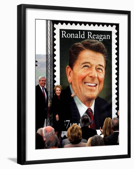 Former First Lady and Giant Replica of US Postage Stamp Honoring Late Husband, Ronald Reagan-null-Framed Photographic Print