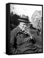 Former Pm Winston Churchill Resting on Bench, Puffing on Cigar, Outside Country Estate Chartwell-Hans Wild-Framed Stretched Canvas