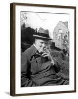 Former Pm Winston Churchill Resting on Bench, Puffing on Cigar, Outside Country Estate Chartwell-Hans Wild-Framed Premium Photographic Print