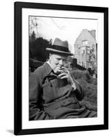 Former Pm Winston Churchill Resting on Bench, Puffing on Cigar, Outside Country Estate Chartwell-Hans Wild-Framed Premium Photographic Print