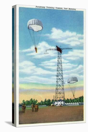 Fort Benning, Georgia, View of Paratroop Training Towers, Parachutes-Lantern Press-Stretched Canvas