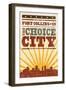 Fort Collins, Colorado - Skyline and Sunburst Screenprint Style-Lantern Press-Framed Art Print