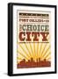 Fort Collins, Colorado - Skyline and Sunburst Screenprint Style-Lantern Press-Framed Art Print