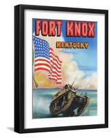 Fort Knox, Kentucky, Large Letters, View of a Tank and the US Flag-Lantern Press-Framed Art Print