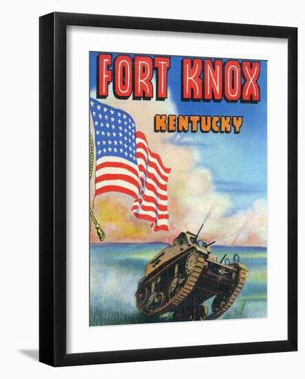 Fort Knox, Kentucky, Large Letters, View of a Tank and the US Flag-Lantern Press-Framed Art Print