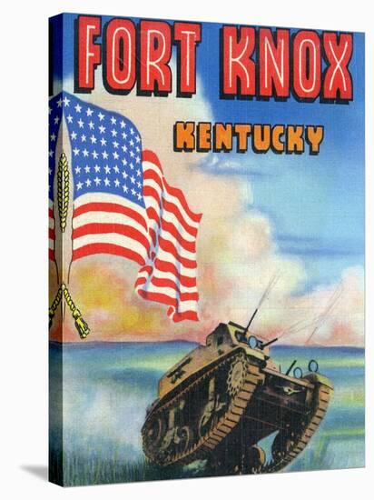 Fort Knox, Kentucky, Large Letters, View of a Tank and the US Flag-Lantern Press-Stretched Canvas