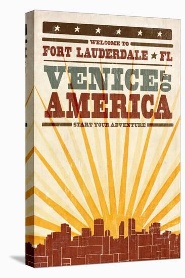 Fort Lauderdale, Florida - Skyline and Sunburst Screenprint Style-Lantern Press-Stretched Canvas