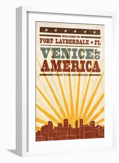 Fort Lauderdale, Florida - Skyline and Sunburst Screenprint Style-Lantern Press-Framed Art Print