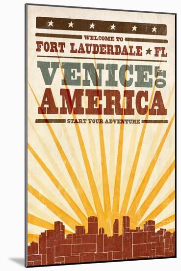 Fort Lauderdale, Florida - Skyline and Sunburst Screenprint Style-Lantern Press-Mounted Art Print