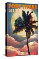 Fort Myers Beach, Florida - Palms and Moon Sunset-Lantern Press-Stretched Canvas