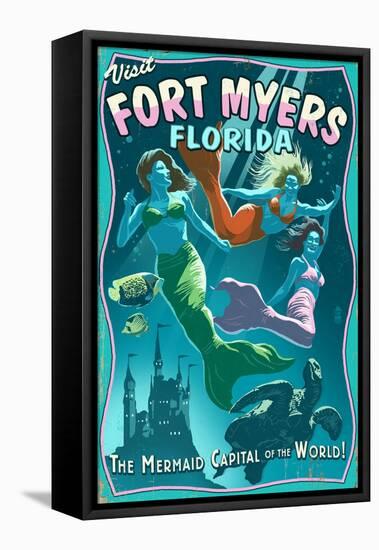 Fort Myers, Florida - Live Mermaids-Lantern Press-Framed Stretched Canvas