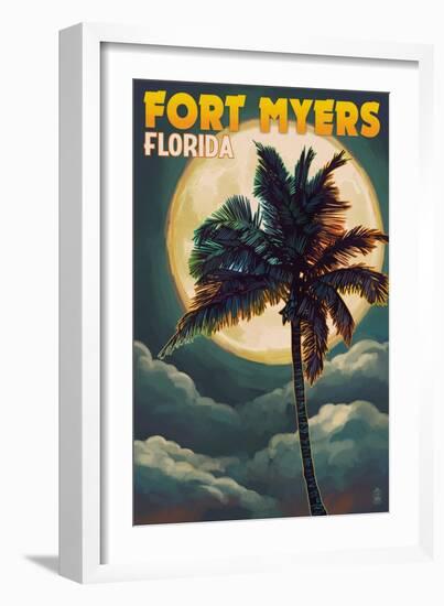 Fort Myers, Florida - Palms and Moon-Lantern Press-Framed Art Print