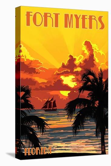 Fort Myers, Florida - Sunset and Ship-Lantern Press-Stretched Canvas