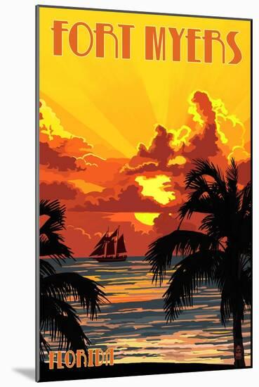 Fort Myers, Florida - Sunset and Ship-Lantern Press-Mounted Art Print